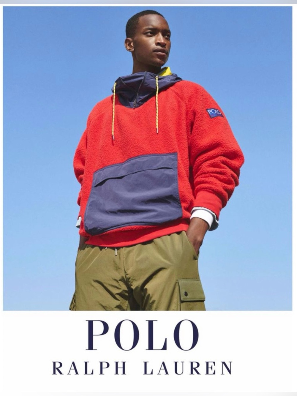 Polo Ralph Lauren Hi Tech Sherpa Fleece Hooded Pullover Red Navy Colorblock XL